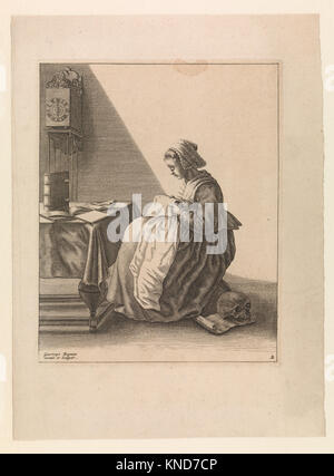 Une gravure du XVIIe siècle de Geertruydt Roghman représentant une jeune femme volante, faisant partie de la série « cinq occupations féminines », illustrant la vie quotidienne à Amsterdam, tenue au Metropolitan Museum of Art. Banque D'Images