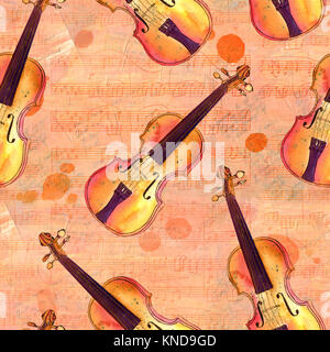 Modèle sans couture avec aquarelle violons, de partitions et de textes Banque D'Images