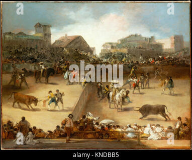 Cette peinture à l'huile attribuée à Francisco de Goya représente une corrida dans une arène divisée, montrant le matador et les spectateurs, reflétant les pratiques culturelles espagnoles du début du XIXe siècle. Banque D'Images