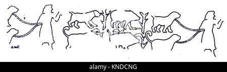 La tablette enregistre la distribution de l'orge et comprend une impression de phoque cylindrique montrant une figure masculine avec des chiens de chasse et des sangliers, représentant la tenue de registres administratifs et des motifs artistiques en Mésopotamie. Banque D'Images
