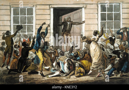 Cette photographie montre des méthodistes noirs participant à une réunion de prière, illustrant la dévotion religieuse, la solidarité communautaire et les pratiques sociales. Banque D'Images