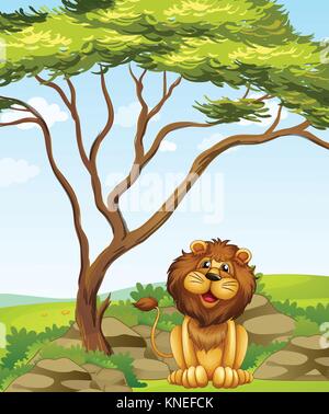 Illustration d'un lion assis sous un grand arbre Illustration de Vecteur