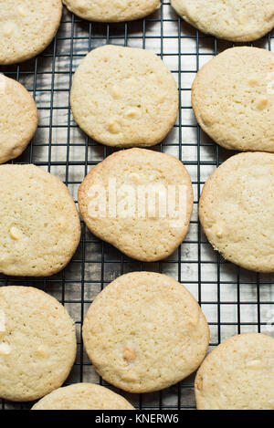 Cookies au chocolat blanc sur une grille de refroidissement, close-up Banque D'Images