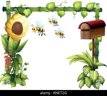 Illustration des abeilles dans le jardin avec une boîte aux lettres sur un fond blanc Illustration de Vecteur