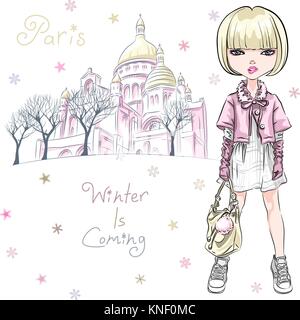 Vector fashion girl dans des vêtements d'hiver à Paris Illustration de Vecteur