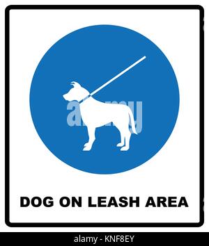 L'icône de la zone de chien en laisse. Chiens admis signe. Vector illustration isolé sur blanc. Symbole obligatoire bleu blanc avec pictogramme et texte. Bannière Avis Illustration de Vecteur