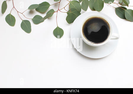 Composition florale faite de feuilles et de branches d'eucalyptus vert sur fond de bois blanc avec une tasse de café. Bureau de style féminin 24, stock imag Banque D'Images