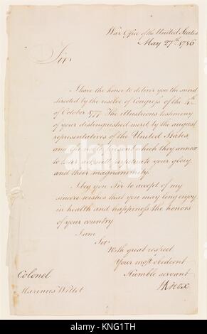 Lettre de Henry Knox (1750-1806), Secrétaire de la guerre, au Colonel Marinus Willett (1740-1830). Auteur : le général Henry Knox (Américain, Boston,