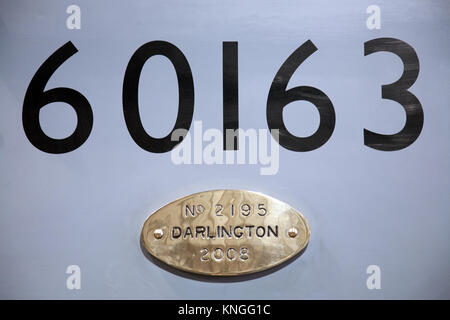 Cabside et numéro de plaque du constructeur de la classe A1 pacifique 60163 Tornado 'poivre'. Banque D'Images