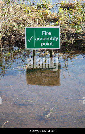 Panneau du point de rassemblement incendie entouré par les eaux de crue, Wildfowl and Wetlands Trust, Welney, Norfolk Banque D'Images