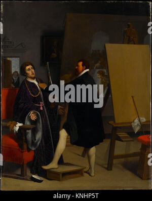 Cette peinture de Jean Auguste Dominique Ingres représente l'écrivain Pietro Aretino dans l'atelier du Tintoret, mettant l'accent sur la représentation détaillée de personnages historiques. Banque D'Images