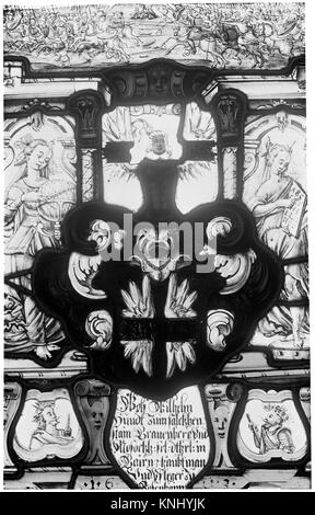 Cette œuvre de verre allemande de 1603 représente une scène de bataille et des figures allégoriques avec l'armorial de Wilhelm Hundt, conservé au Metropolitan Museum of Art. Banque D'Images