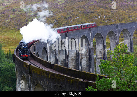 Le Poudlard Express train à vapeur passant sur le viaduc de Glenfinnan, Lochaber, Highland d'Écosse, Royaume-Uni Banque D'Images