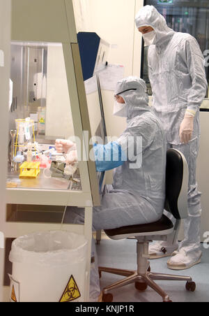 L'assistant technique pharmaceutique et biologique la Nemetz Michael Technicien de laboratoire Simon Kuebler (R) travaillent sur une nouvelle forme de thérapie cellulaire personnalisée contre le cancer avec la technologie hautement spécialisés à l'intérieur d'une chambre propre à l'Institut Fraunhofer pour la thérapie cellulaire et l'immunologie (IZI) à Leipzig, Allemagne, 20 novembre 2017. L'institut Fraunhofer travaille sur le projet conjoint avec le Novartis Pharma AG, afin de pouvoir élaborer la nouvelle forme de thérapie, la thérapie récepteur antigénique chimérique (panier). Il exige la reprogrammation de l'patients· propres cellules immunitaires pour traiter leur Banque D'Images