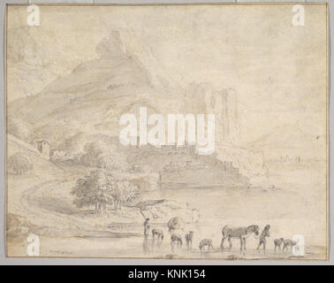 Bétail et bergers dans un paysage montagneux du sud, dessin par le peintre néerlandais de l'âge d'or Karel Dujardin (1626-1678), mi-17th siècle Banque D'Images