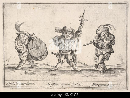 Callot figures; un nain jouant le tambour à gauche, un beefeater au centre, un flûte à droite, 'six grotesques', impression, Agostino Mitelli II, d'après François Collignon, d'après Stefano della Bella Banque D'Images