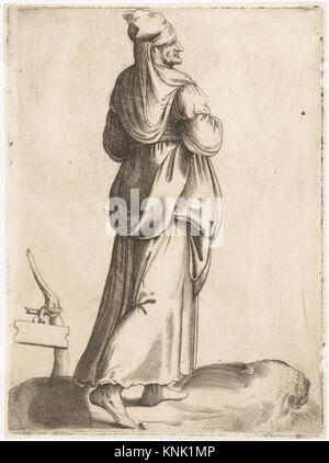 Une plaque de costume représentant une paysanne espagnole, créée par la graveuse italienne Enea Vico entre 1555 et 1558, mettant en évidence les vêtements d'époque et les techniques de gravure. Banque D'Images