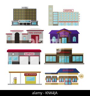 Différents magasins, les bâtiments et les magasins télévision icon set isolé sur blanc. Comprend hôtel, hôpital, caserne, casino, garage, supermarché, station essence, burger Illustration de Vecteur