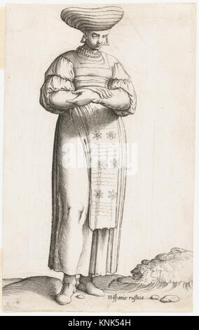 Plaque de costume représentant Hispania Rustica, gravée par l'artiste italienne Enea Vico vers 1557-1558, montrant le style vestimentaire et la technique de gravure pour l'étude. Banque D'Images