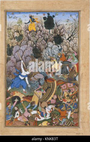 'Krishna et Balarma combattant l'ennemi', Folio d'un Harivamsa (la légende du Hari (Krishna)), ca. 1590-95, attribué au Pakistan actuel, probablement Lahore, encre, aquarelle opaque et or sur papier Banque D'Images