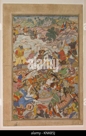 'Krishna et Balarma combattant l'ennemi', Folio d'un Harivamsa (la légende du Hari (Krishna)), ca. 1590-95, attribué au Pakistan actuel, probablement Lahore, encre, aquarelle opaque et or sur papier Banque D'Images