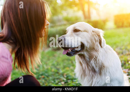 Photo de femme en promenade avec chien à la pelouse au parc d'été Banque D'Images