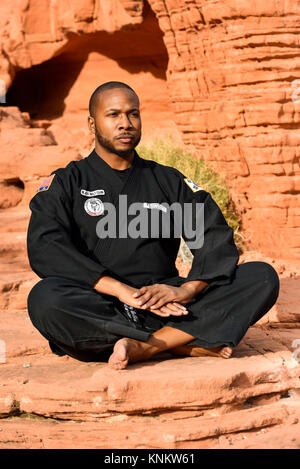 African American man practicing martial arts dans le désert du Nevada. Banque D'Images