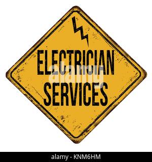 Services électricien vintage métal rouillé signe sur un fond blanc, vector illustration Illustration de Vecteur
