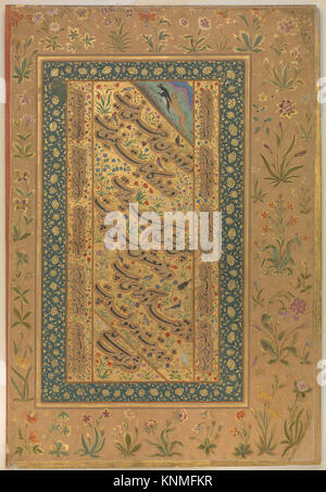 Titre : 'Spotted Forktail', Folio from the Shah Jahan Album, artiste : peinture d'Abu'l Hasan (Indien, né ca. 1588/89, actif de 1600 à 1628), calligraphe : Mir 'Ali Haravi (mort ca. 1550), recto : ca. 1610–15 ; verso ca. 1540, attribué à l'Inde, Moyen : encre, aquarelle opaque et or sur soie Banque D'Images