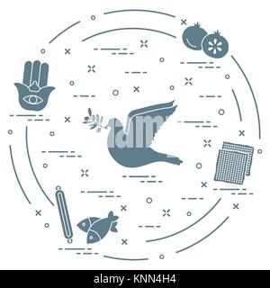 Symboles juifs : dove, olive branch, grenades, Matza, poisson, hamsa, mezouza. Carte postale de Design, bannière, affiche ou imprimer. Illustration de Vecteur