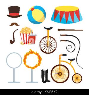 Les éléments formateurs cirque vecteur. Accessoires de cirque. Chapeau, moustache, balle, Podium, Stand, fouet, du tabac, du maïs soufflé, soda, location, anneau de feu, des bottes. Télévision Cartoon illustration isolé Illustration de Vecteur