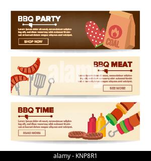 Installations pour Barbecue Promo Horizontal Banners Vector. Contexte Web Barbecue. Assortiment de viandes grillées. Le Steak grillé, des saucisses, des légumes. Illustration isolé Illustration de Vecteur