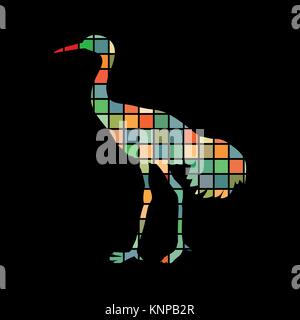 Shadoof mosaïque oiseau animal silhouette Couleur fond noir Illustration de Vecteur