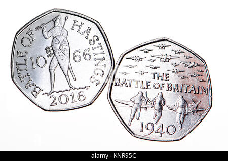 La pièce commémorative 50p. 75e anniversaire de la bataille d'Angleterre (Gary Breeze : 2015) 950ème anniversaire de la bataille de Hastings (Jean Bergda Banque D'Images