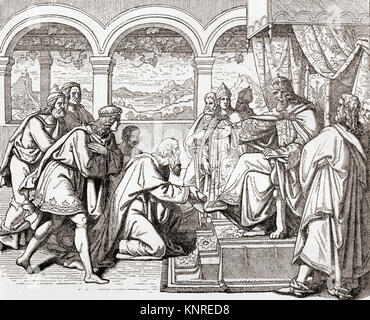 Ambassadeurs de Harun al-Rashid portant des cadeaux à la cour de Charlemagne, c.799. Harun al-Rashid, 763/766 - 809. Cinquième Calife abbasside. Charlemagne, aka Charles le Grand, 742 - 814. Roi des Francs, roi des Lombards et Empereur des Romains. De Ward et verrouiller l'illustre l'histoire du monde, publié c.1882. Banque D'Images
