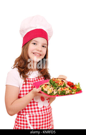 Happy little girl cook avec burritos restauration rapide Banque D'Images