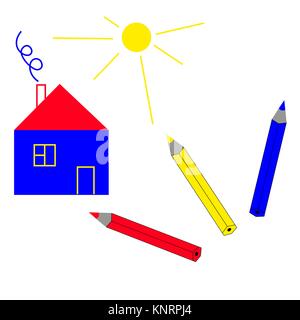 Une simple maison et trois crayons de couleur contre isolé sur fond blanc. Illustration de Vecteur