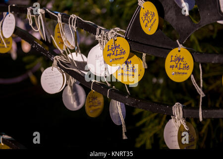 'Une vie de lumière' Memorial tags mis sur le St Barnabas Hospice arbre de Noël à l'extérieur de la cathédrale de Lincoln, Lincolnshire, Royaume-Uni Banque D'Images