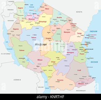 Tanzanie carte vectorielle administrative et politique Illustration de Vecteur