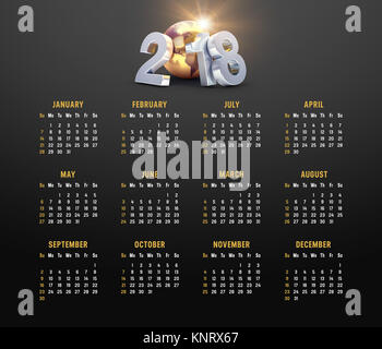Année 2018 Calendrier d'or sur fond noir, à partir de dimanche Banque D'Images