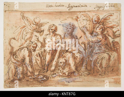 Ce dessin du XVIIe siècle de Bernardino Rodriguez représente des figures allégoriques : Hercule étranglant l'Hydre, symbolisant la Force ; une figure avec une cornée représentant l'abondance ; et la renommée, représentée avec des ailes et une trompette. Le travail est exécuté à la plume et à l'encre brune, avec un lavage rougeâtre et des reflets de gouache blanche sur la craie rouge. Banque D'Images
