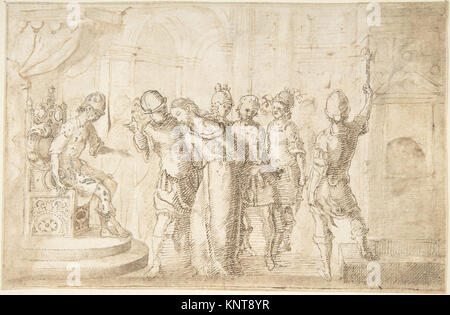 Représentation du Christ amené devant Ponce Pilate, montrant des figures, des gestes et une scène narrative dans une illustration biblique. Banque D'Images