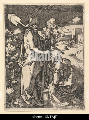 Une illustration montrant Christ apparaissant à Marie-Madeleine dans un jardin, représentant la figure du Christ en tenue de jardinier et l'interaction avec Madeleine dans un cadre naturel. Banque D'Images
