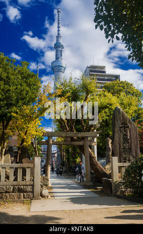 Tradition et moderne au Japon. Derrière Tokyo Skytree un vieux temple Banque D'Images