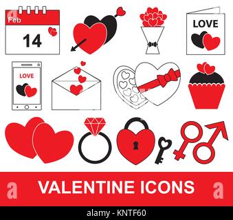 Ou Valentine Valentines Day set pack ou Concept pour la collection l'amour passion avec bouquet coeur carte postale calendrier lettre et téléphone mobile chocolate Illustration de Vecteur