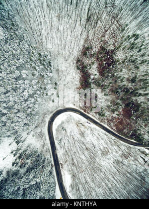 Vue de dessus de l'antenne de drone une route à travers la forêt entourée d'un parc sauvage dans la neige. Banque D'Images