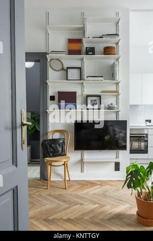 Président de canne à côté de l'écran du téléviseur, de peintures et de livres sur étagères blanches Banque D'Images