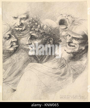 Illustration de cinq têtes grotesques, dont un homme âgé portant une couronne de feuilles de chêne, montrant des expressions faciales et des études de caractères. Banque D'Images