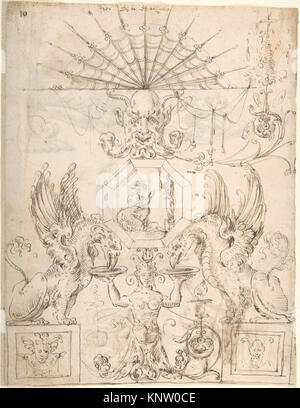 Conception grotesque avec un panneau octogonal au centre et deux plaques de potable Griffins tenu par une créature hybride (recto) ; deux tortues au-dessus d'une scène avec quatre chiffres (verso) rencontré 337501 DP800320 Banque D'Images