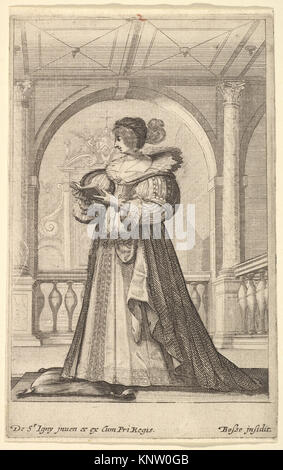 Cette illustration de la collection MET, cataloguée DP829203 397276, montre une femme debout de profil, portant un chapeau et un collier en dentelle, lisant un livre de prières. Le travail met l'accent sur la posture, l'habillement et la pratique de la dévotion. Banque D'Images